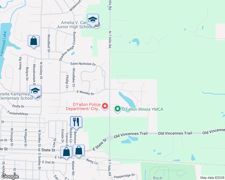 map of restaurants, bars, coffee shops, grocery stores, and more near 284-398 North 7 Hills Road in O'Fallon