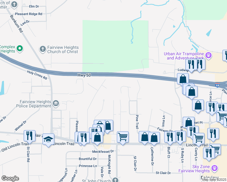 map of restaurants, bars, coffee shops, grocery stores, and more near 7 Sherry Drive in Fairview Heights