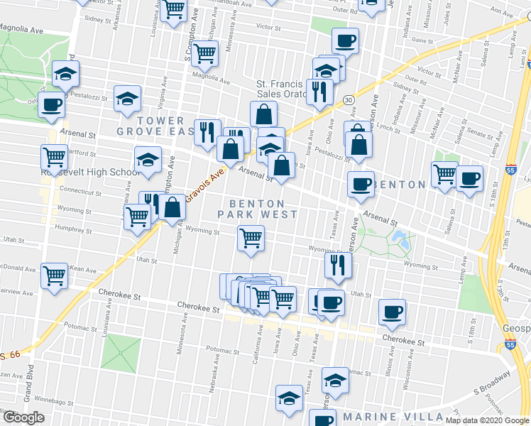 map of restaurants, bars, coffee shops, grocery stores, and more near 2811 Juniata Street in St. Louis