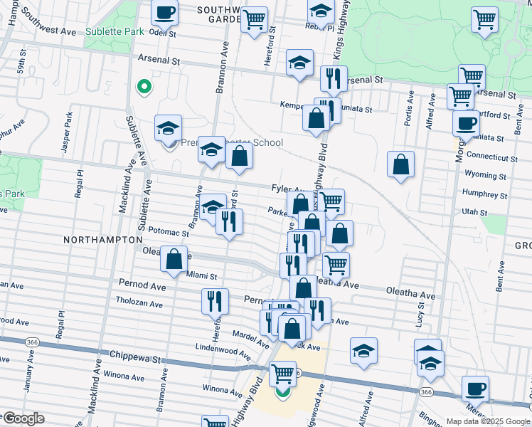 map of restaurants, bars, coffee shops, grocery stores, and more near 4953 Parker Avenue in St. Louis