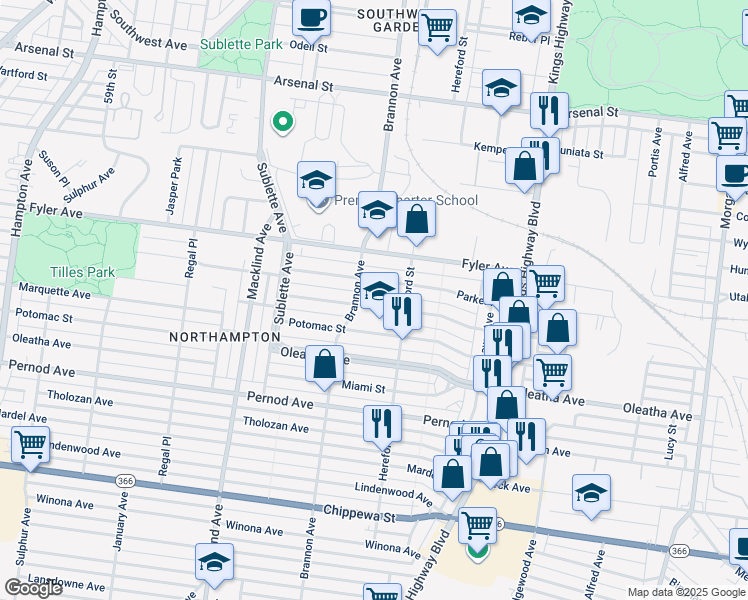 map of restaurants, bars, coffee shops, grocery stores, and more near 5021 Parker Avenue in St. Louis