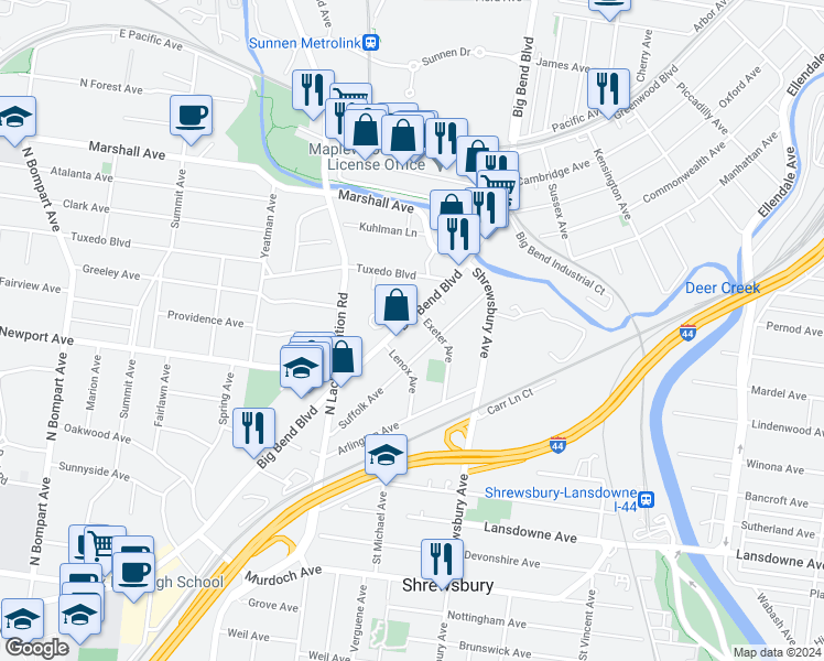 map of restaurants, bars, coffee shops, grocery stores, and more near 7529 Big Bend Boulevard in Webster Groves