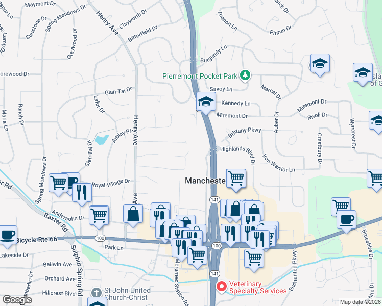 map of restaurants, bars, coffee shops, grocery stores, and more near in Ballwin
