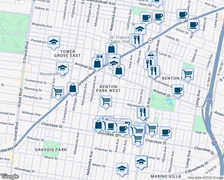 map of restaurants, bars, coffee shops, grocery stores, and more near 2811 Juniata Street in St. Louis