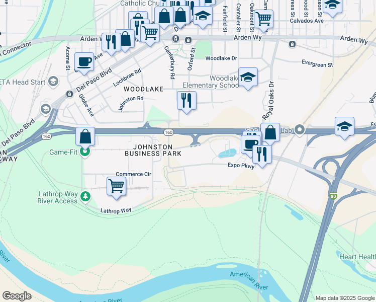map of restaurants, bars, coffee shops, grocery stores, and more near 1445 Expo Parkway in Sacramento