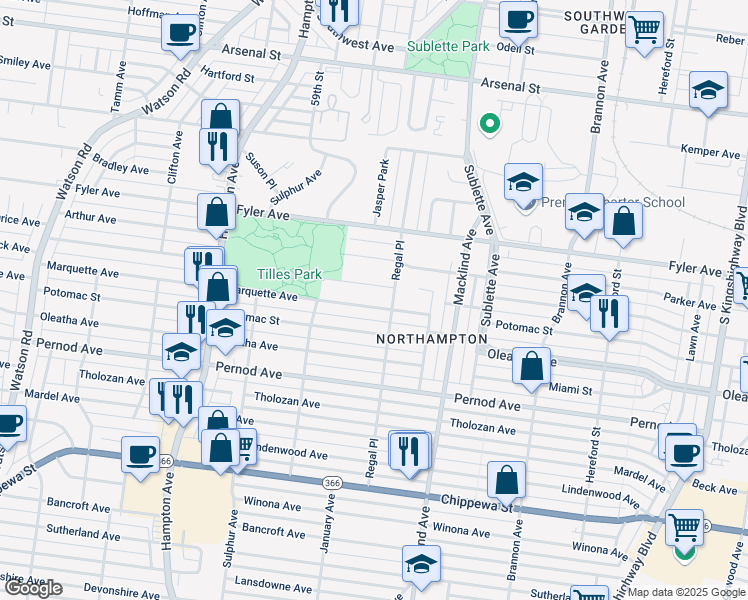 map of restaurants, bars, coffee shops, grocery stores, and more near 5605 Hancock Avenue in St. Louis