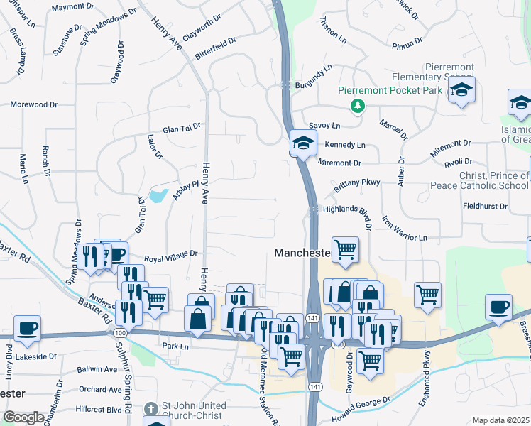 map of restaurants, bars, coffee shops, grocery stores, and more near 13 Cloverleaf Lane in Ballwin