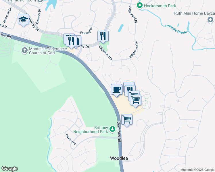 map of restaurants, bars, coffee shops, grocery stores, and more near 16326 Taconic Circle in Dumfries