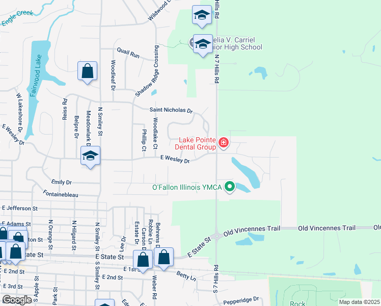map of restaurants, bars, coffee shops, grocery stores, and more near 912 Prairie Crossing in O'Fallon