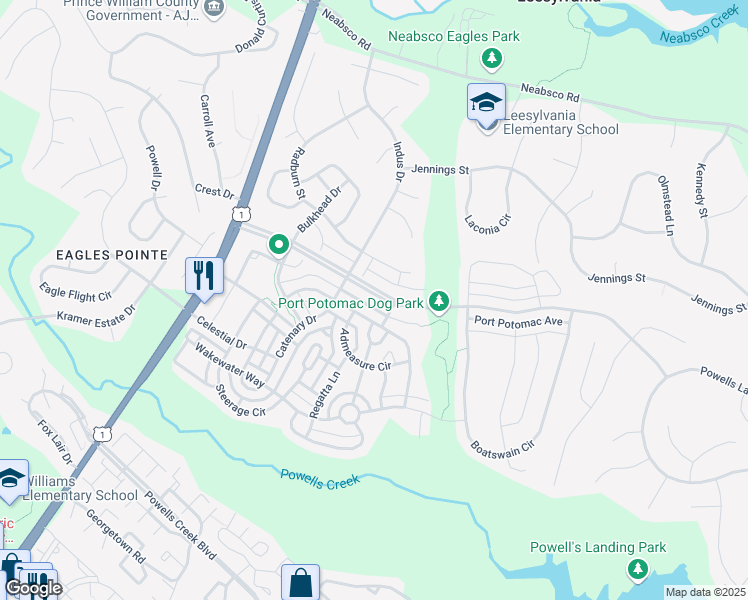 map of restaurants, bars, coffee shops, grocery stores, and more near 2485 Port Potomac Avenue in Woodbridge