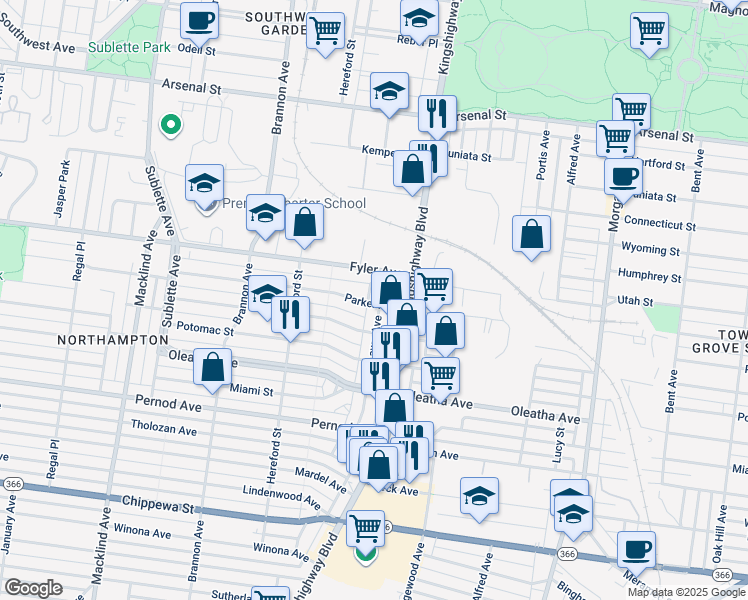 map of restaurants, bars, coffee shops, grocery stores, and more near 3307 Lawn Avenue in St. Louis