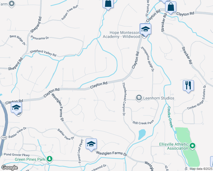 map of restaurants, bars, coffee shops, grocery stores, and more near 16710 Clayton Road in Ballwin
