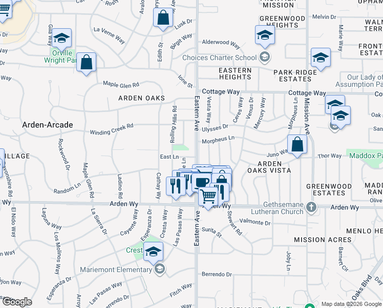map of restaurants, bars, coffee shops, grocery stores, and more near 1861 Eastern Avenue in Sacramento