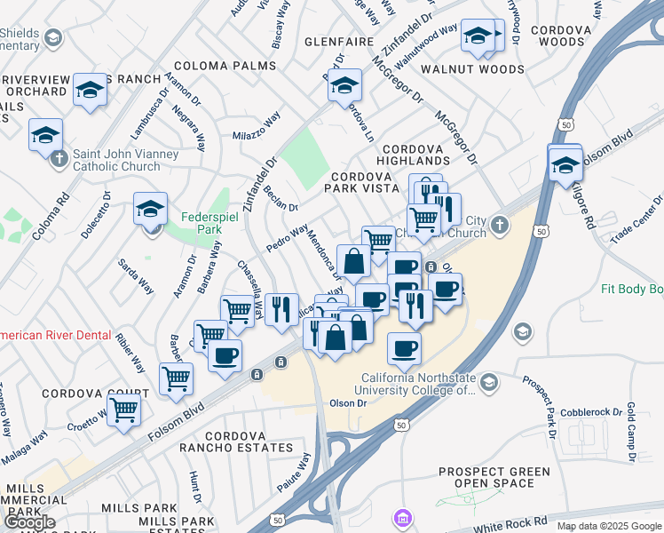map of restaurants, bars, coffee shops, grocery stores, and more near 2730 Don Juan Drive in Rancho Cordova