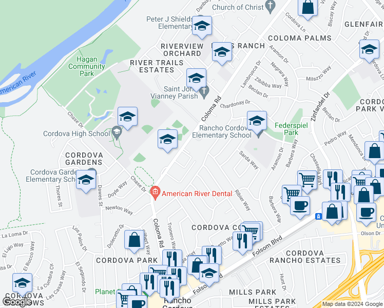 map of restaurants, bars, coffee shops, grocery stores, and more near in Rancho Cordova