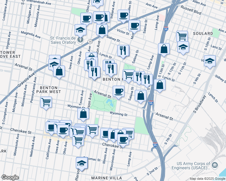 map of restaurants, bars, coffee shops, grocery stores, and more near in St. Louis