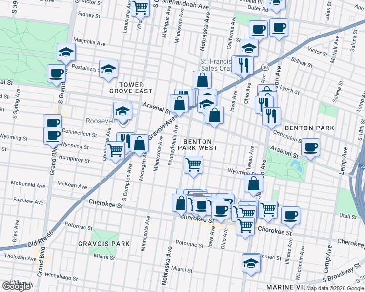 map of restaurants, bars, coffee shops, grocery stores, and more near 3138 Nebraska Avenue in St. Louis