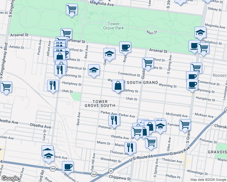 map of restaurants, bars, coffee shops, grocery stores, and more near 4011 Humphrey Street in St. Louis