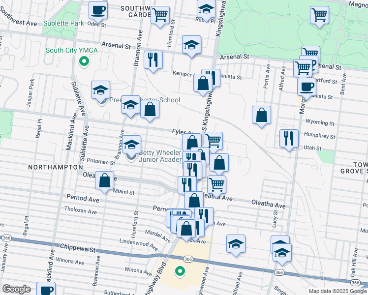 map of restaurants, bars, coffee shops, grocery stores, and more near 3307 Lawn Avenue in St. Louis