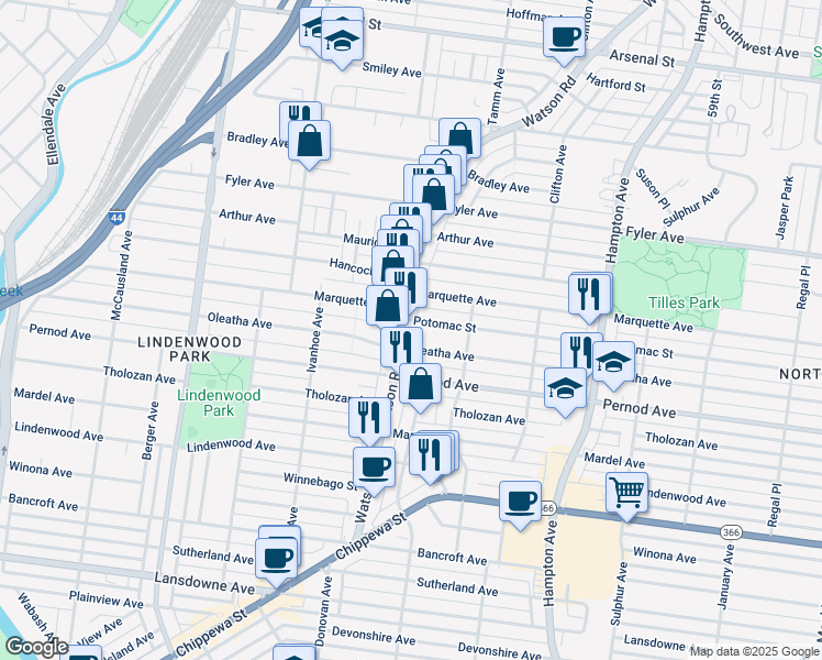 map of restaurants, bars, coffee shops, grocery stores, and more near 3464 Watson Road in St. Louis