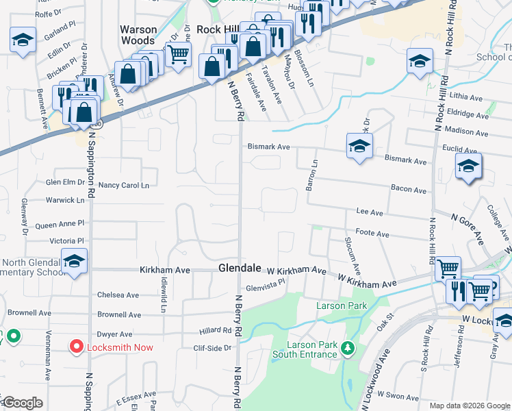 map of restaurants, bars, coffee shops, grocery stores, and more near 1130 North Berry Road in St. Louis