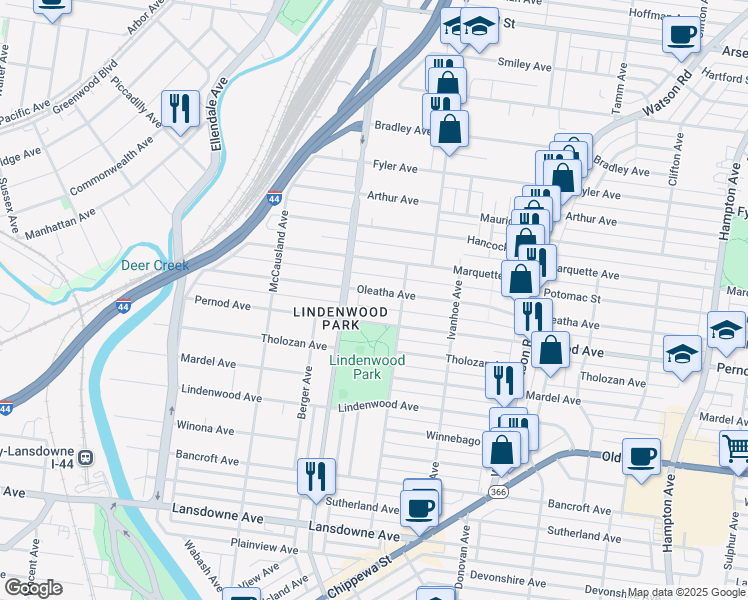 map of restaurants, bars, coffee shops, grocery stores, and more near 6745 Oleatha Avenue in St. Louis