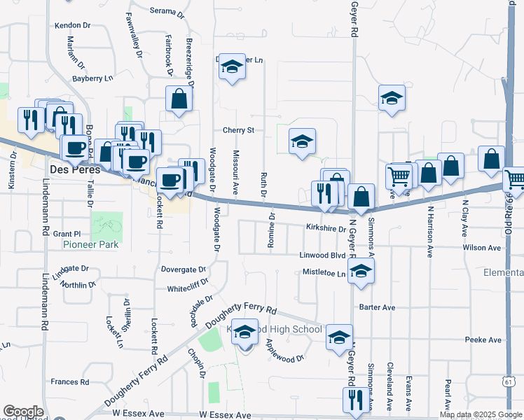 map of restaurants, bars, coffee shops, grocery stores, and more near 11380 Manchester Road in Kirkwood