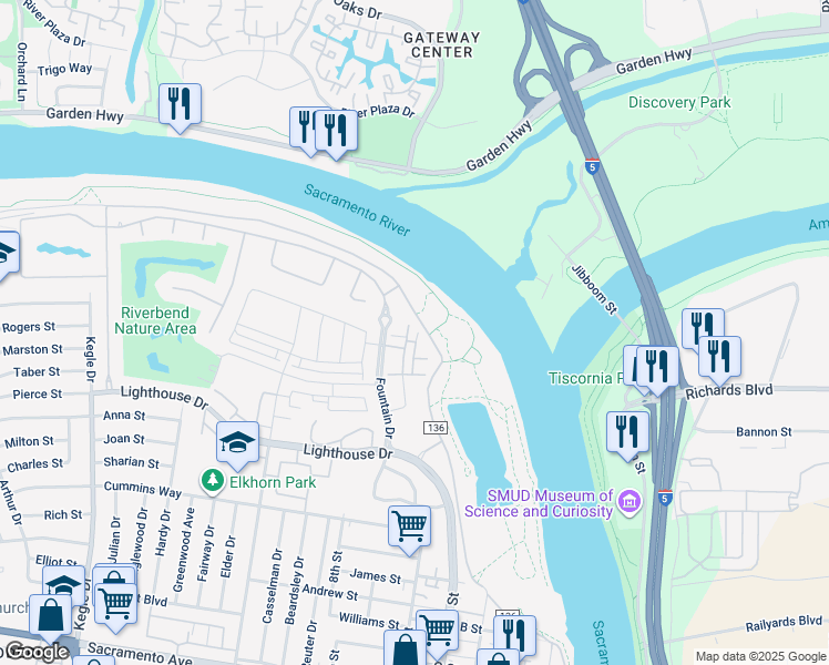 map of restaurants, bars, coffee shops, grocery stores, and more near 405 Regatta Lane in West Sacramento