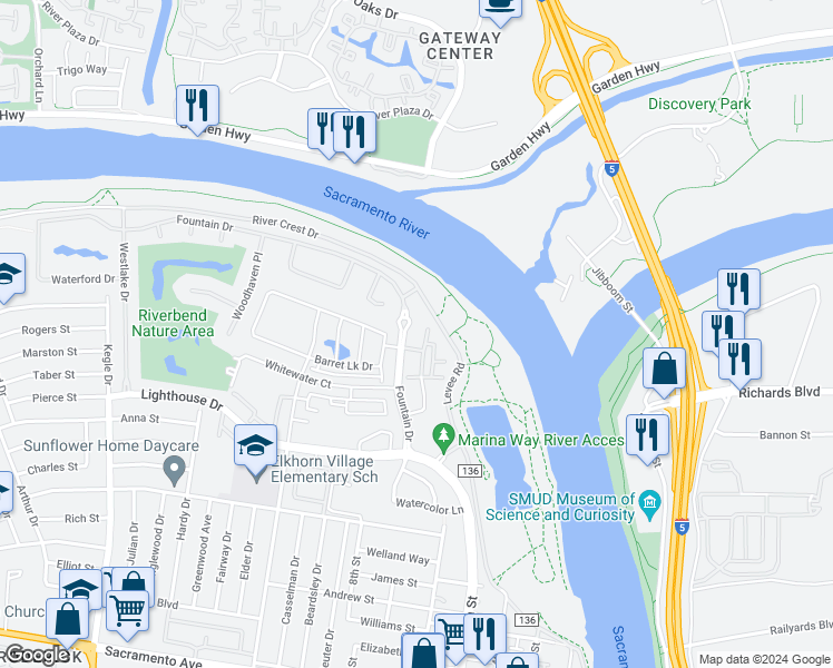 map of restaurants, bars, coffee shops, grocery stores, and more near 400 Regatta Lane in West Sacramento