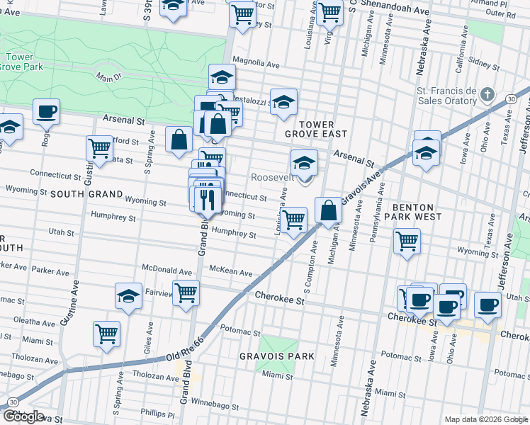 map of restaurants, bars, coffee shops, grocery stores, and more near in St. Louis