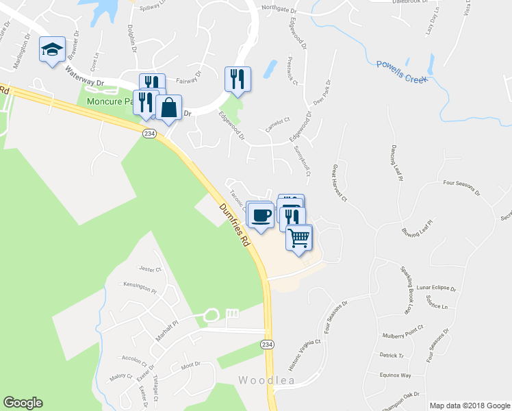 map of restaurants, bars, coffee shops, grocery stores, and more near 4216 Stockbridge Drive in Dumfries