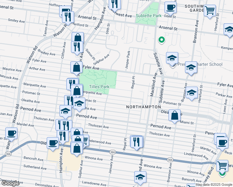 map of restaurants, bars, coffee shops, grocery stores, and more near 5646 Hancock Avenue in St. Louis