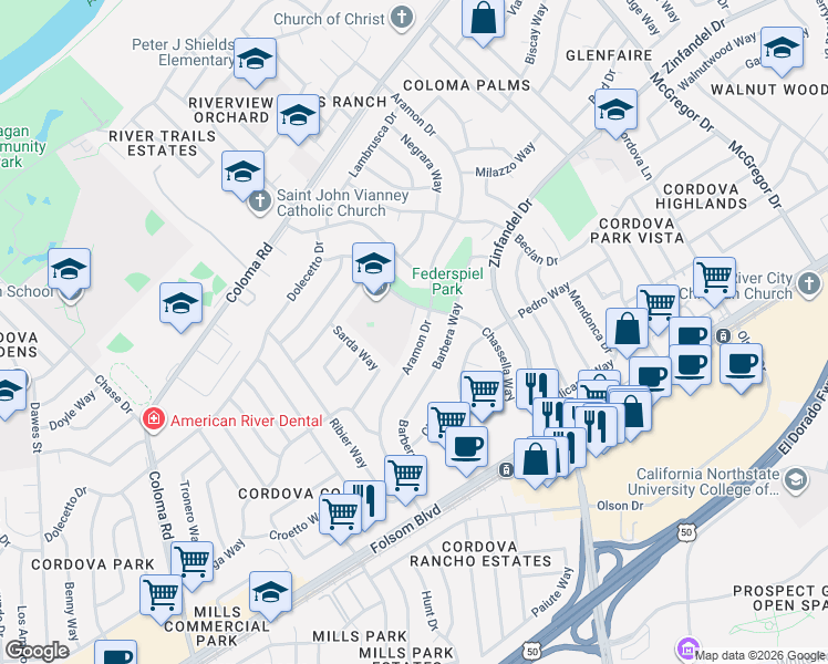 map of restaurants, bars, coffee shops, grocery stores, and more near 2560 Chassella Way in Rancho Cordova