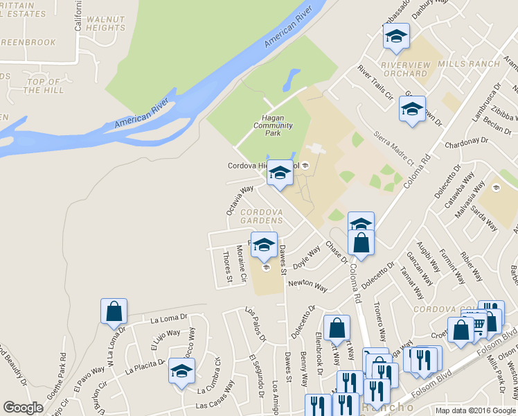 map of restaurants, bars, coffee shops, grocery stores, and more near 2204 Maxine Way in Rancho Cordova