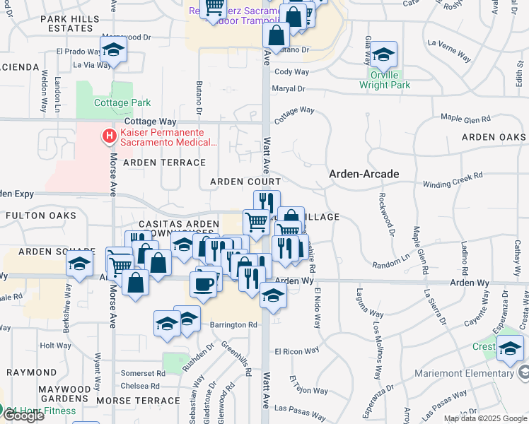 map of restaurants, bars, coffee shops, grocery stores, and more near 3501 Maplewood Lane in Sacramento