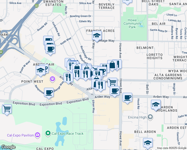 map of restaurants, bars, coffee shops, grocery stores, and more near 1905 Middleberry Road in Sacramento
