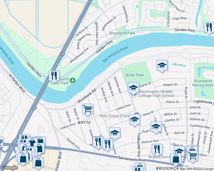map of restaurants, bars, coffee shops, grocery stores, and more near 425 Myrtle Avenue in West Sacramento