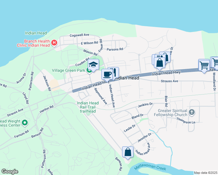 map of restaurants, bars, coffee shops, grocery stores, and more near 28 Caswell Drive in Indian Head