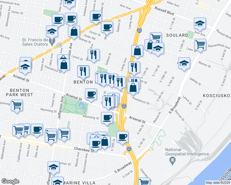 map of restaurants, bars, coffee shops, grocery stores, and more near 2865 Lemp Avenue in St. Louis