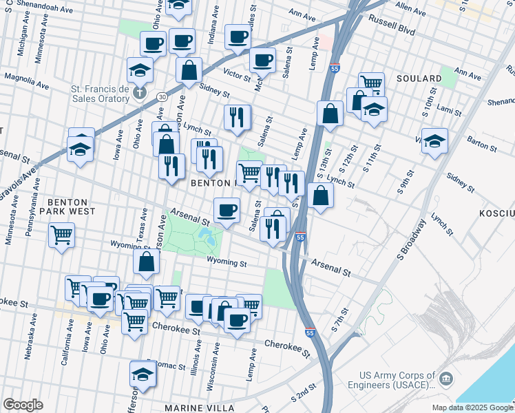 map of restaurants, bars, coffee shops, grocery stores, and more near 2902 Wisconsin Avenue in St. Louis