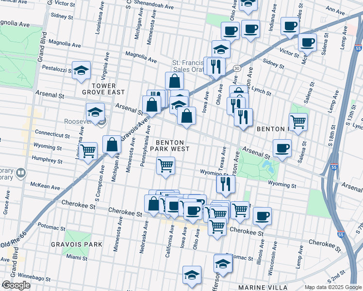 map of restaurants, bars, coffee shops, grocery stores, and more near 2811 Juniata Street in St. Louis