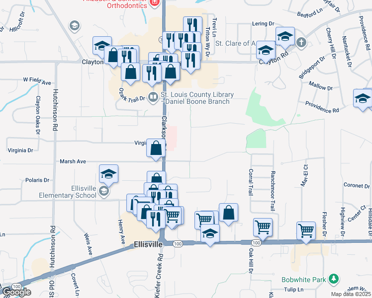 map of restaurants, bars, coffee shops, grocery stores, and more near 226 Hilltop Road in Ellisville