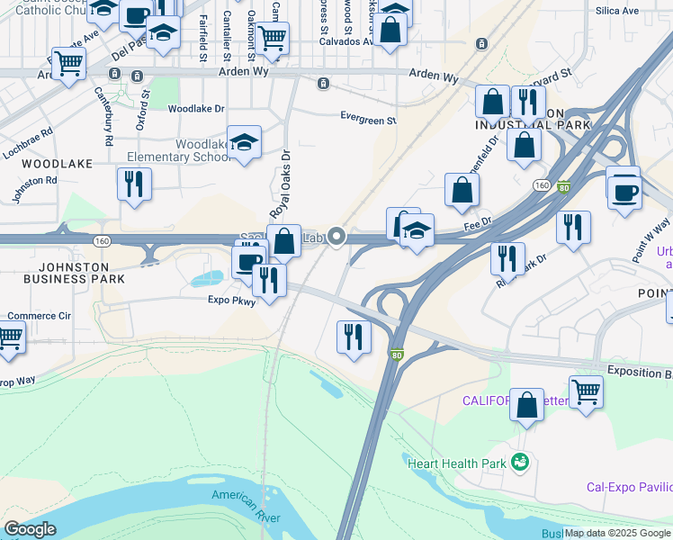 map of restaurants, bars, coffee shops, grocery stores, and more near 1805 Tribute Rd in Sacramento