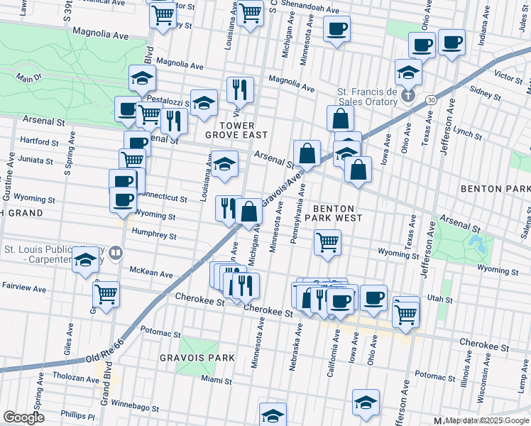 map of restaurants, bars, coffee shops, grocery stores, and more near 3100 Gravois Avenue in St. Louis
