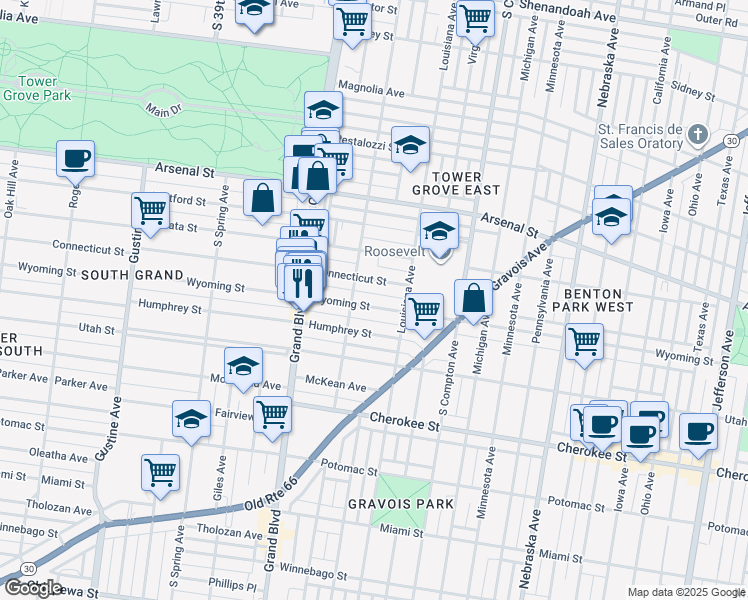 map of restaurants, bars, coffee shops, grocery stores, and more near in St. Louis