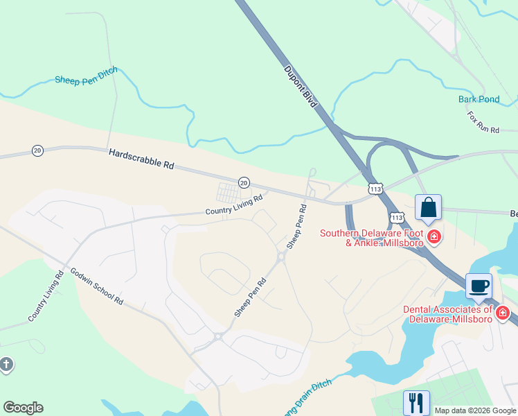 map of restaurants, bars, coffee shops, grocery stores, and more near 24245 Hardscrabble Road in Millsboro