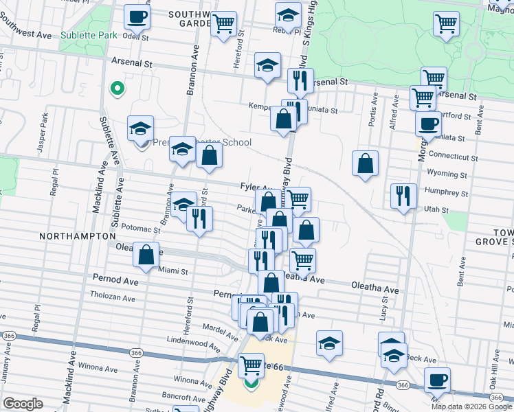 map of restaurants, bars, coffee shops, grocery stores, and more near 3307 Lawn Avenue in St. Louis