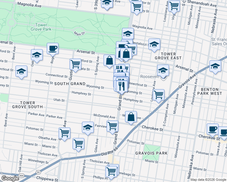 map of restaurants, bars, coffee shops, grocery stores, and more near 3645 Wyoming Street in St. Louis