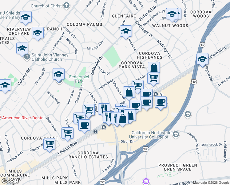 map of restaurants, bars, coffee shops, grocery stores, and more near 2629 Riesling Way in Rancho Cordova