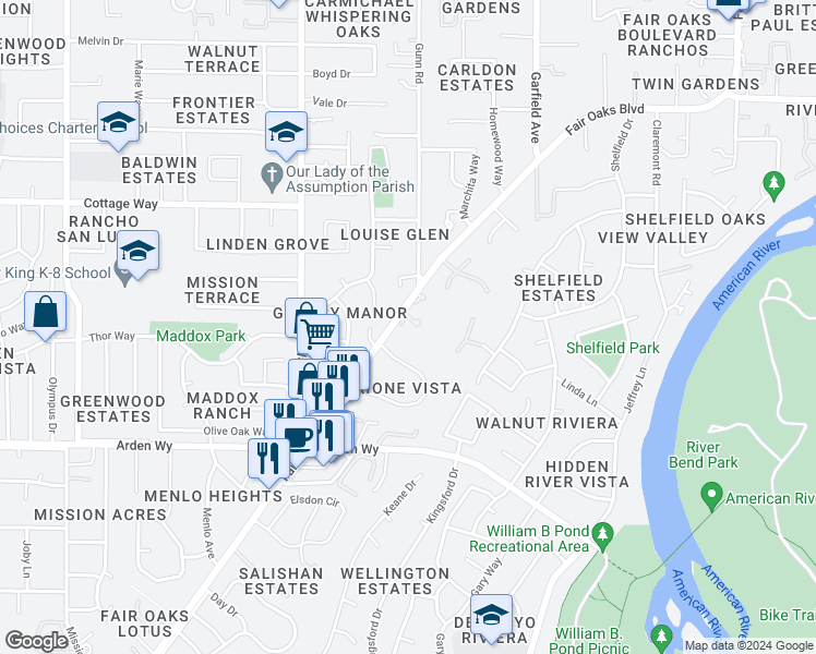 map of restaurants, bars, coffee shops, grocery stores, and more near 5236 Fair Oaks Boulevard in Carmichael